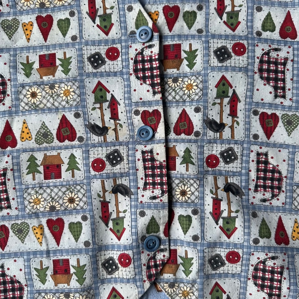 Quirky Patchwork Farmhouse Cottagecore Button Vest Women's M Blue‎ Novelty Print - Picture 2 of 9